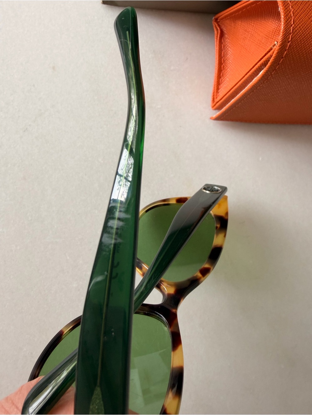 Tory Burch Tortoiseshell Sunglasses with Green Lenses and Orange Case - Picture 6 of 9